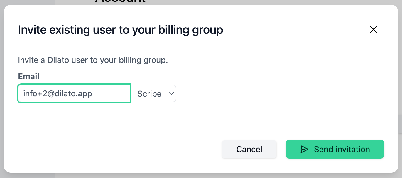Add user to billing group dialog