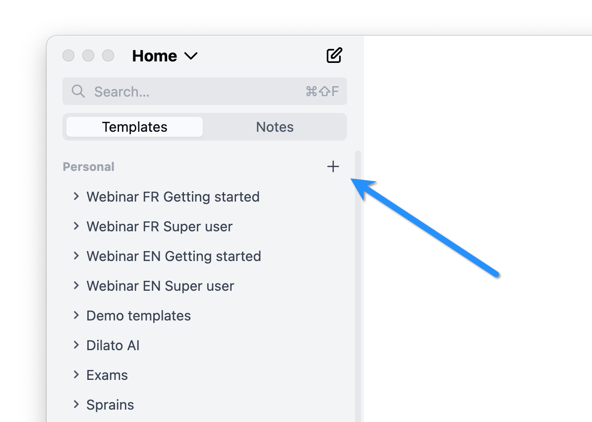 Creating a new template in Dilato - Personal section interface