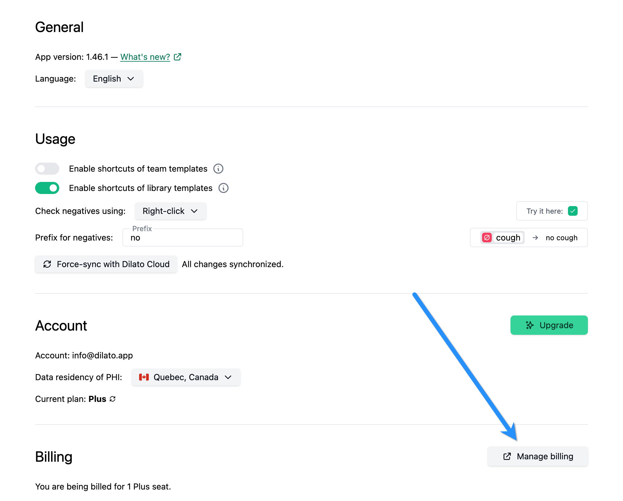 Manage billing button in Dilato settings