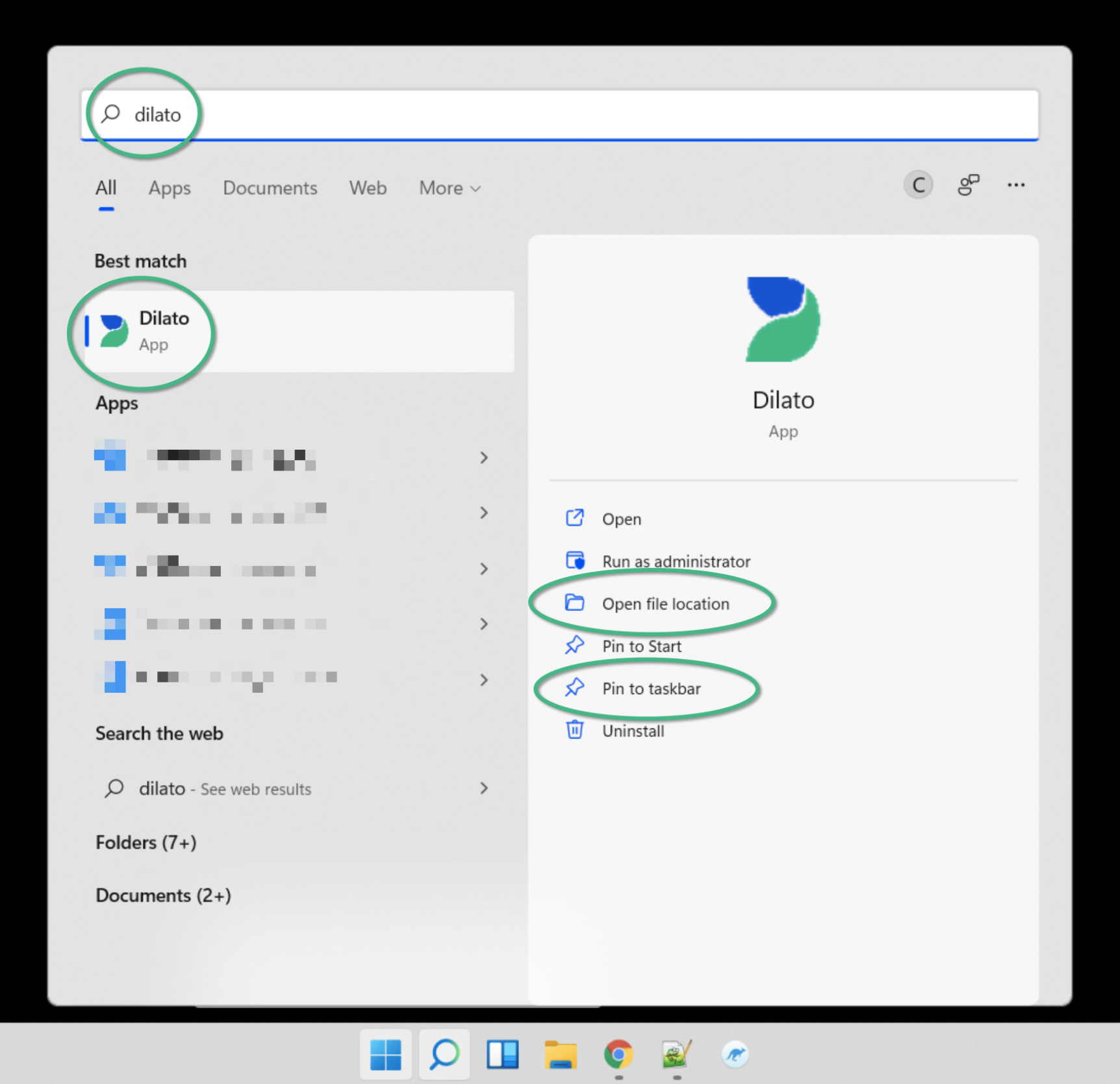 Search Dilato in the Start menu on Windows