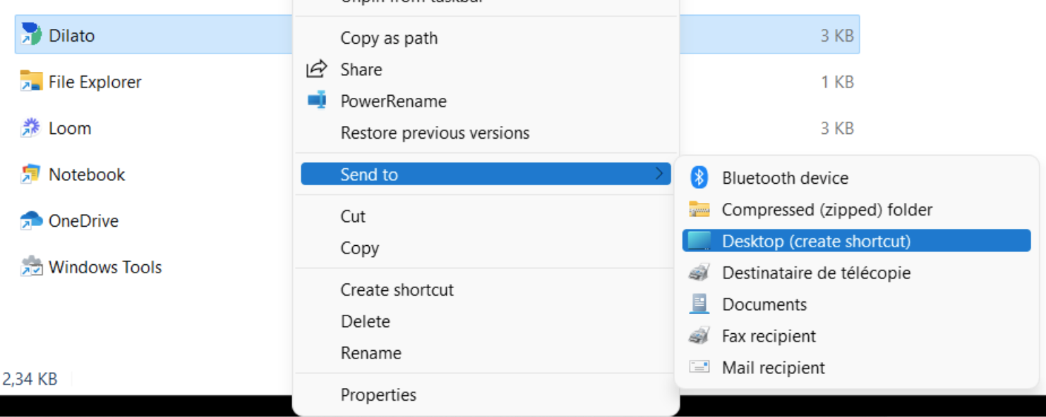 Send to desktop option for Dilato shortcut