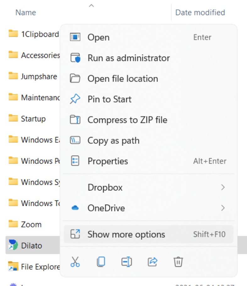 Show more options for Dilato in Windows