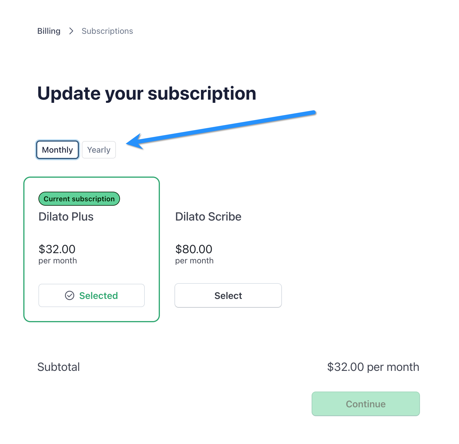 Toggle switch to annual or monthly plan in billing portal